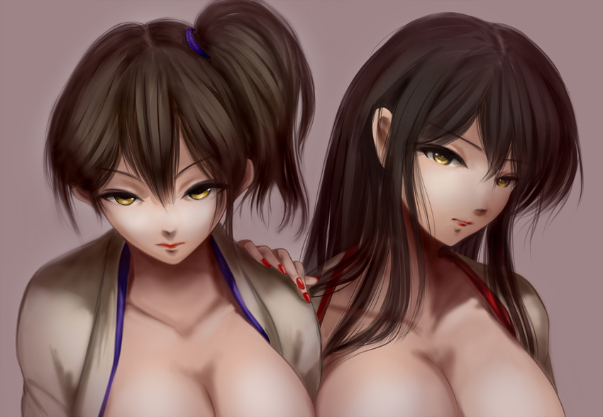 akagi_(kantai_collection) black_hair breasts breasts_outside brown_hair cleavage collarbone glaring hand_on_another's_shoulder japanese_clothes kaga_(kantai_collection) kantai_collection kimono large_breasts lipstick long_hair looking_at_viewer makeup maroon_background multiple_girls nail_polish open_clothes out-of-frame_censoring side_ponytail simple_background upper_body yamasuke_mk2 yellow_eyes