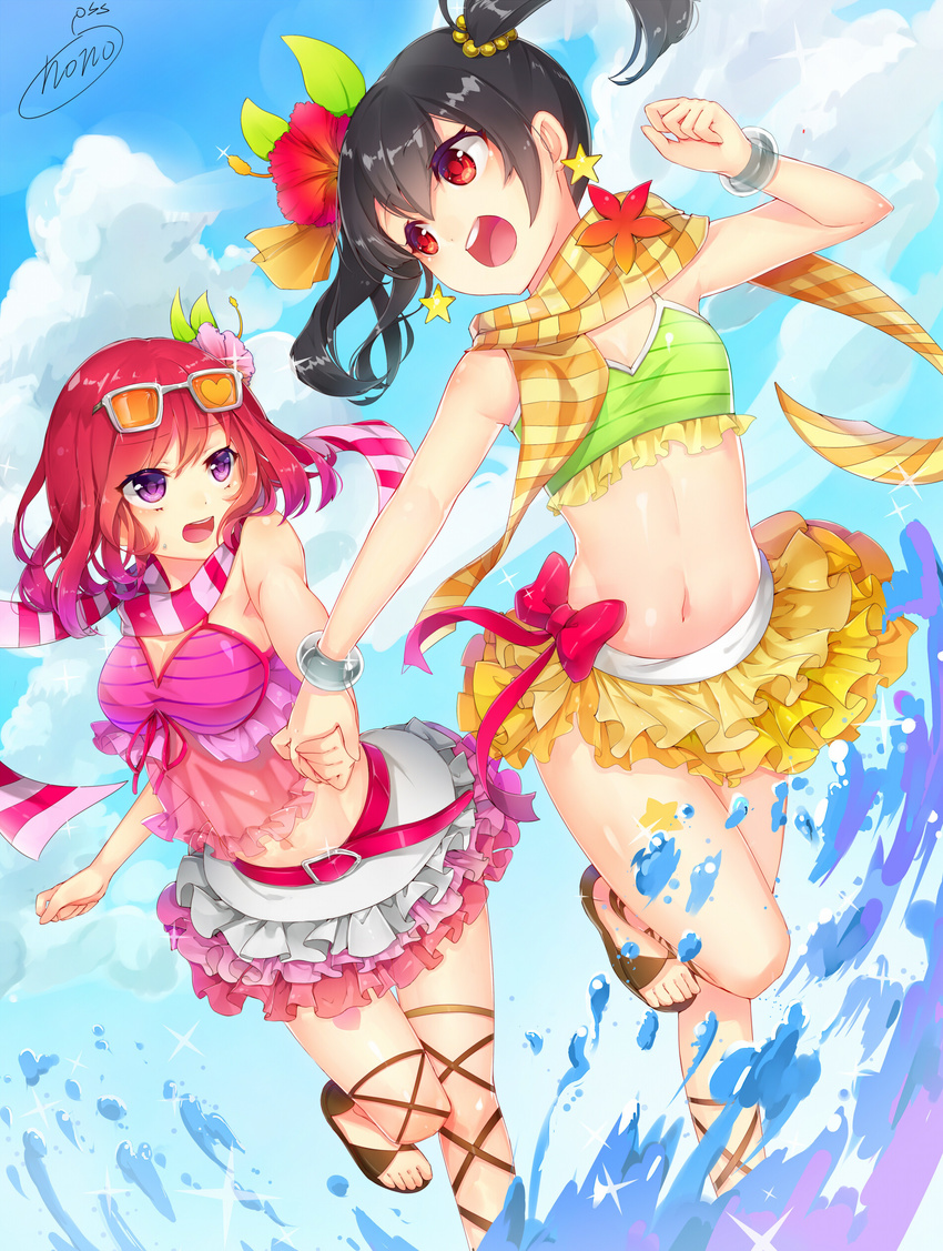 :d absurdres bikini bikini_skirt black_hair bracelet eyewear_on_head frilled_skirt frills highres holding_hands jewelry long_hair love_live! love_live!_school_idol_project multiple_girls natsuiro_egao_de_1_2_jump! navel nishikino_maki nonomaro open_mouth purple_eyes red_eyes red_hair running sandals scarf short_hair signature skirt smile splashing sunglasses swimsuit toes twintails yazawa_nico