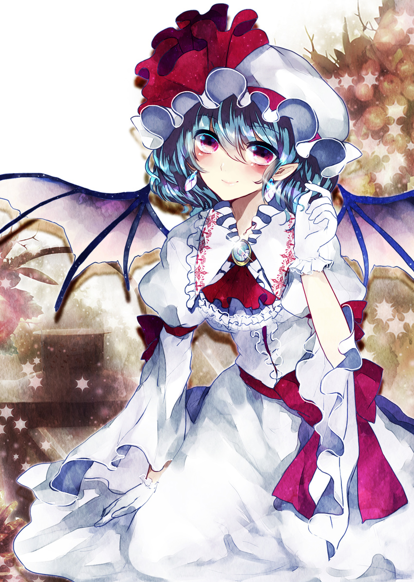 bad_id bad_pixiv_id bat_wings blue_hair blush earrings ginzuki_ringo gloves hat highres jewelry looking_at_viewer pink_eyes remilia_scarlet short_hair smile solo touhou wide_sleeves wings