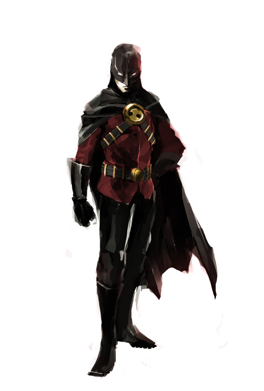 1boy batman_(series) belt black_pants black_shoes cape dc_comics male male_focus mask pants red_robin shoes solo standing tim_drake