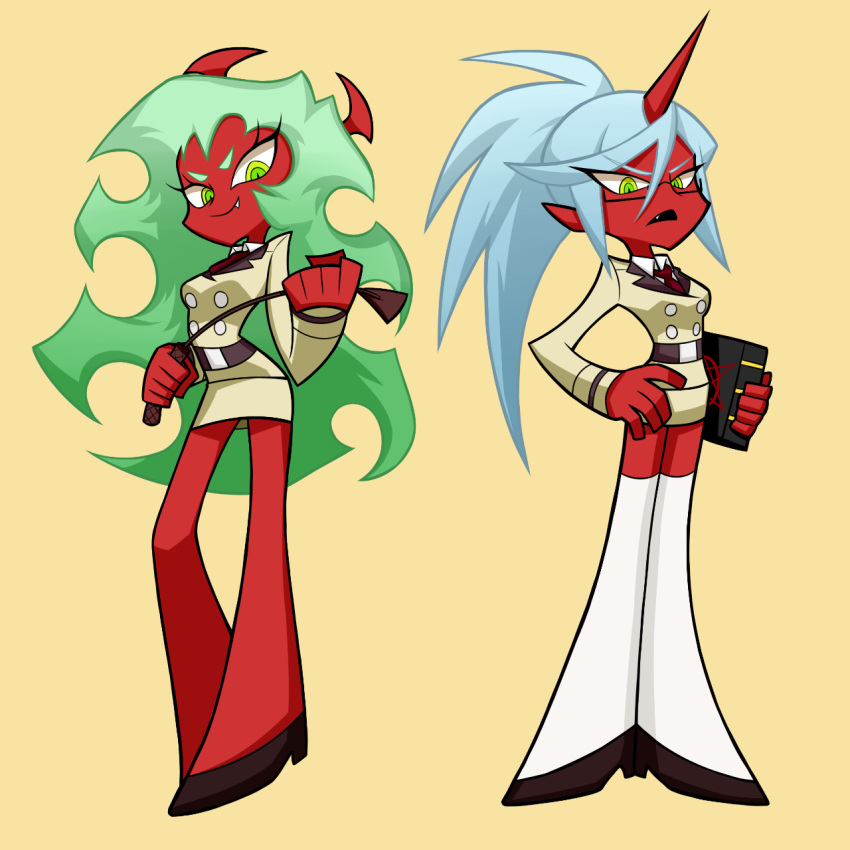 2019 5_fingers breasts clothed clothing demon digital_media_(artwork) eyewear female flowerimh glasses green_eyes green_hair hair holding_object horned_humanoid humanoid kneesocks_daemon long_hair not_furry panty_and_stocking_with_garterbelt red_skin scanty_daemon skirt standing suit white_hair