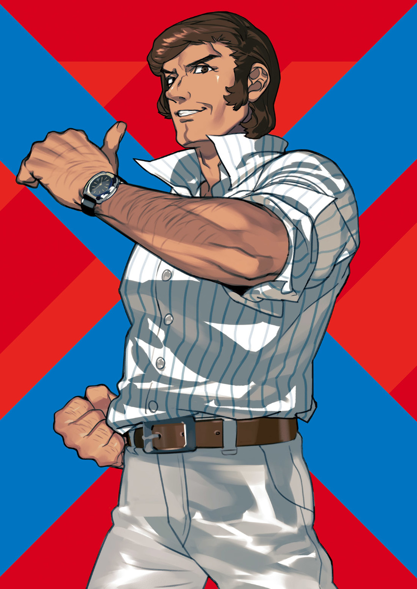 arm_hair belt brown_eyes brown_hair clenched_hand highres kaname_jouji kurahana_chinatsu official_art pants parted_lips popped_collar samurai_flamenco shirt sideburns smile standing striped striped_shirt watch wristwatch