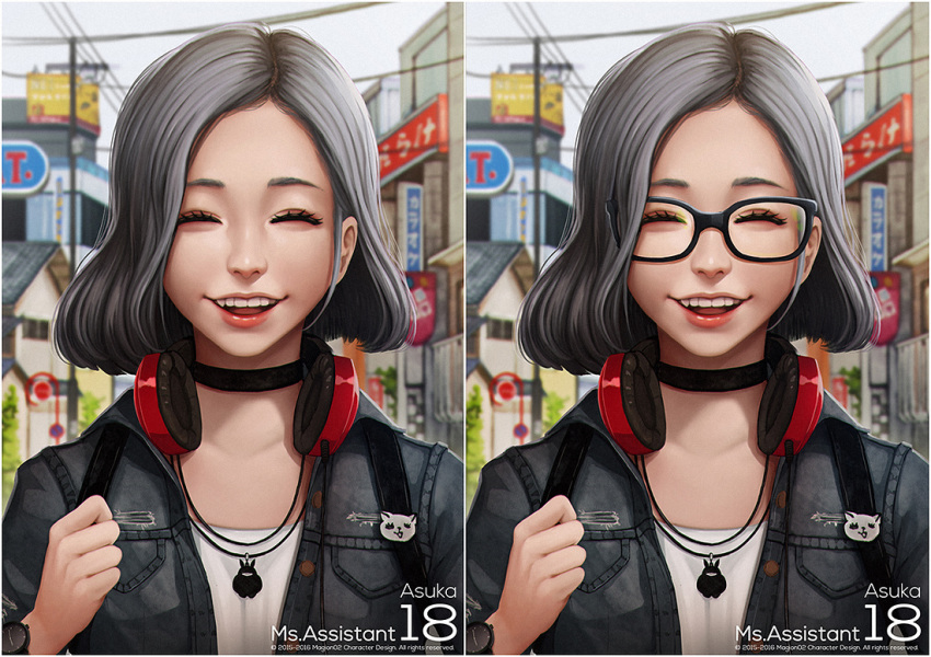 1girl artist_name asuka_(ms.assistant) backpack bag black-framed_eyewear black_choker black_jacket building character_name choker day denim denim_jacket eyes_closed glasses grey_hair grin hand_up headphones headphones_around_neck jacket jewelry lips magion02 ms.assistant necklace open_mouth parted_lips power shirt short_hair smile sunlight teeth telephone_pole variations white_shirt