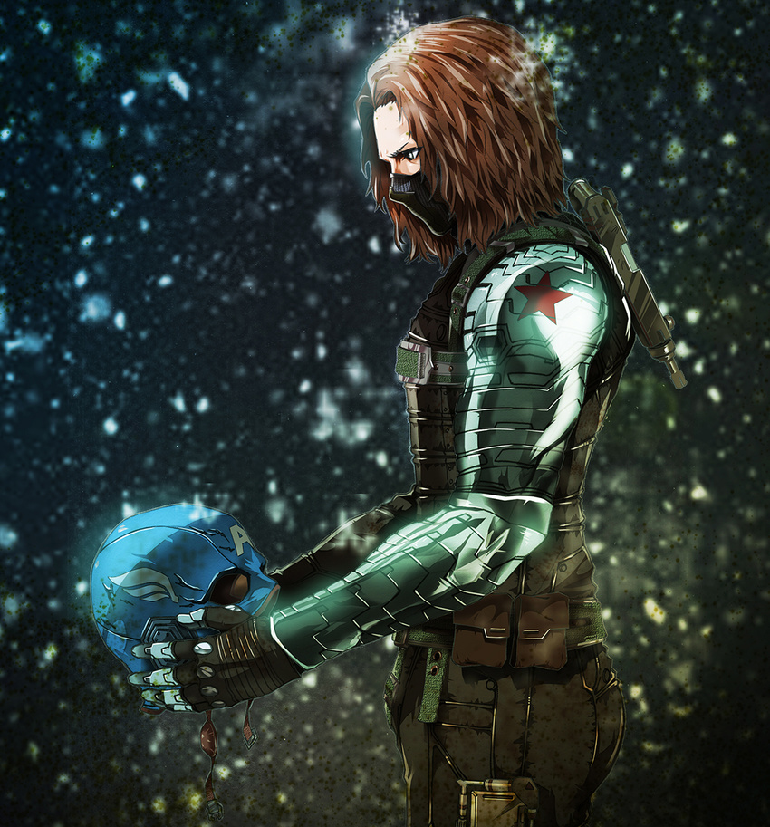 brown_hair captain_america_the_winter_soldier cyborg face_mask helmet holding holding_helmet james_buchanan_barnes male_focus marvel mask mechanical_arm snowing solo tooot winter_soldier