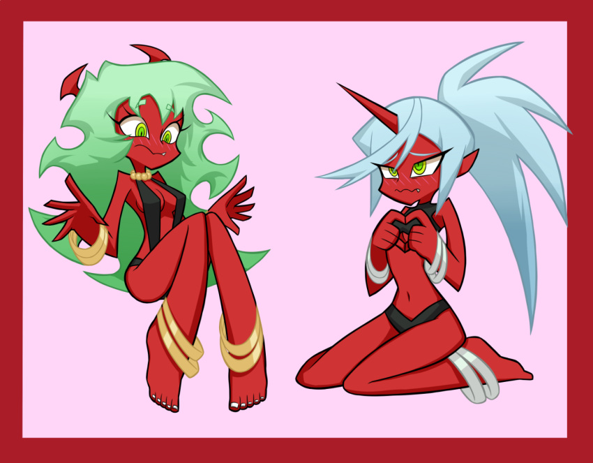 2019 5_fingers 5_toes barefoot bikini blush border breasts cleavage clothed clothing demon digital_media_(artwork) embarrassed eyewear fangs female flowerimh glasses green_eyes green_hair hair horned_humanoid humanoid kneeling kneesocks_daemon long_hair not_furry panty_and_stocking_with_garterbelt red_border red_skin scanty_daemon side_boob simple_background sitting skimpy swimsuit toes white_hair