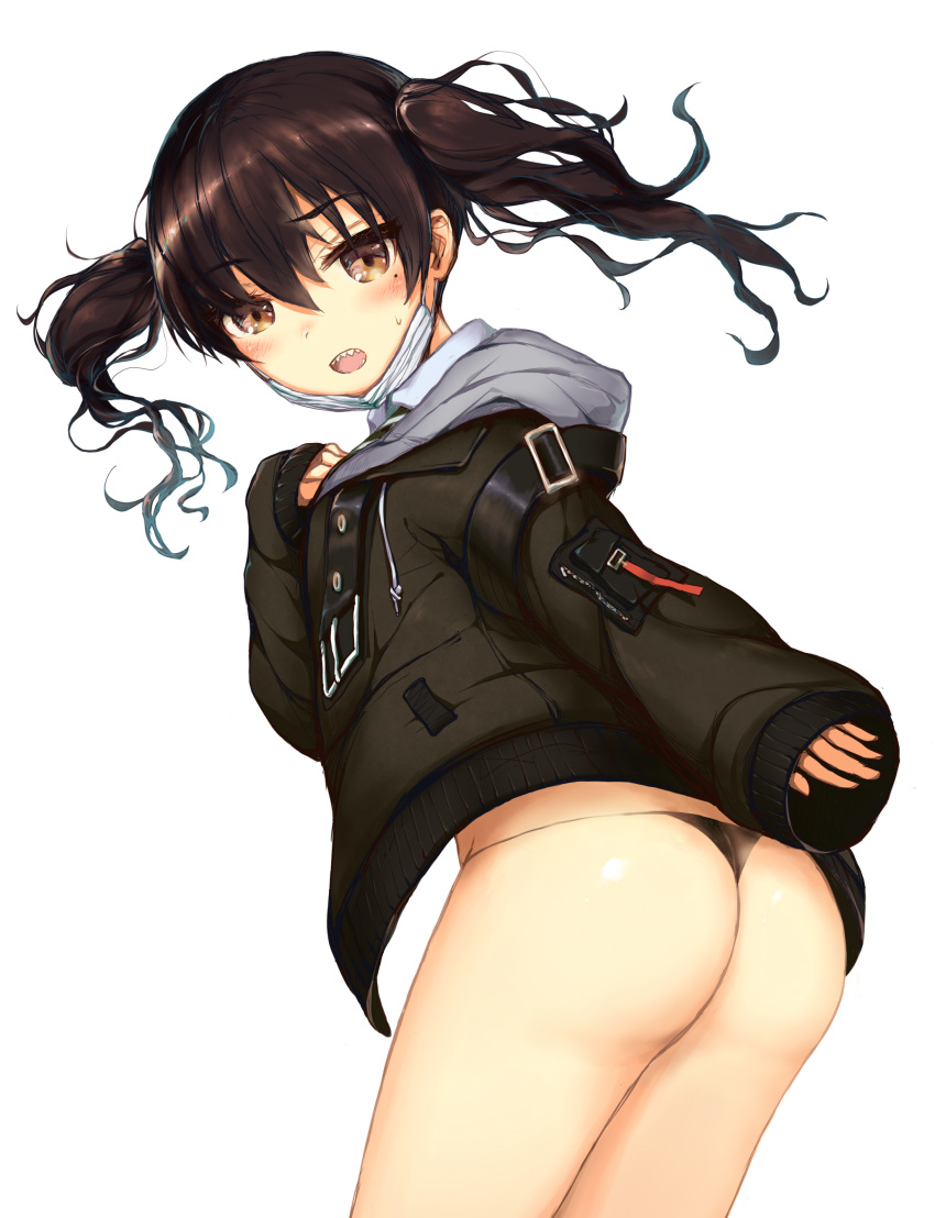 1girl :o absurdres ass bangs bikini_bottom black_bikini_bottom black_coat brown_eyes coat commentary_request cowboy_shot eyebrows_visible_through_hair from_behind hair_between_eyes hand_on_own_chest highres hooded_coat idolmaster idolmaster_cinderella_girls leaning_forward long_hair long_sleeves looking_at_viewer looking_back mask_pull mole mole_under_eye open_clothes open_coat open_mouth ruiten sharp_teeth simple_background sleeves_past_wrists solo sunazuka_akira surgical_mask teeth twintails upper_teeth white_background