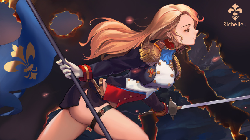 1girl bangs blonde_hair blue_eyes blush braid breasts character_name crown_braid double-breasted epaulettes from_side gloves hair_ornament half-closed_eyes holding holding_sword holding_weapon large_breasts long_hair looking_afar military military_uniform pencil_skirt rapier richelieu_(warship_girls_r) running sidelocks skindentation skirt solo standard_bearer sword thigh_strap thighhighs thighs uniform warship_girls_r weapon white_gloves wuguno_ziran_juan
