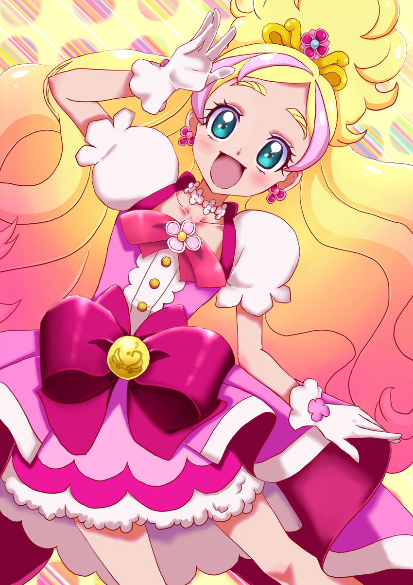 :d absurdres amawa_kazuhiro aqua_eyes blonde_hair blush bow choker cure_flora earrings gloves go!_princess_precure gradient_hair haruno_haruka highres jewelry long_hair magical_girl multicolored_hair open_mouth pink_bow pink_hair pink_skirt precure ribbon skirt smile solo streaked_hair two-tone_hair