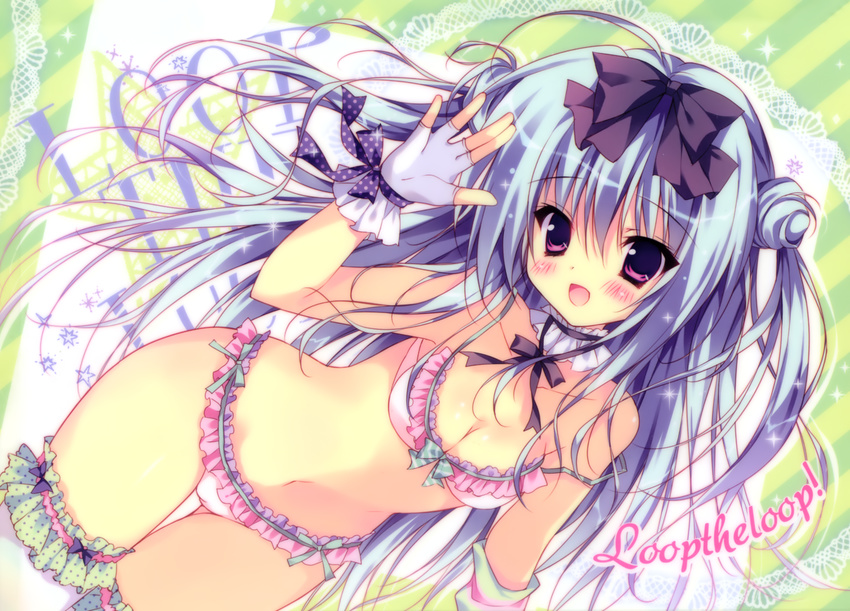 :d blue_hair bow bra breasts cleavage double_bun fingerless_gloves frilled_bra frilled_legwear frilled_panties frills garters gloves hair_bow herurun highres medium_breasts open_mouth panties pink_bra pink_panties purple_eyes smile solo thighhighs two_side_up underwear underwear_only white_gloves white_legwear