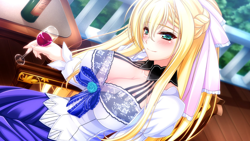 1girl amasaka_takashi blonde_hair blush breasts chair cleavage cup dress game_cg green_eyes hair_ribbon highres huge_breasts long_hair looking_at_viewer ribbon sitting smile solo table unionism_quartet wince