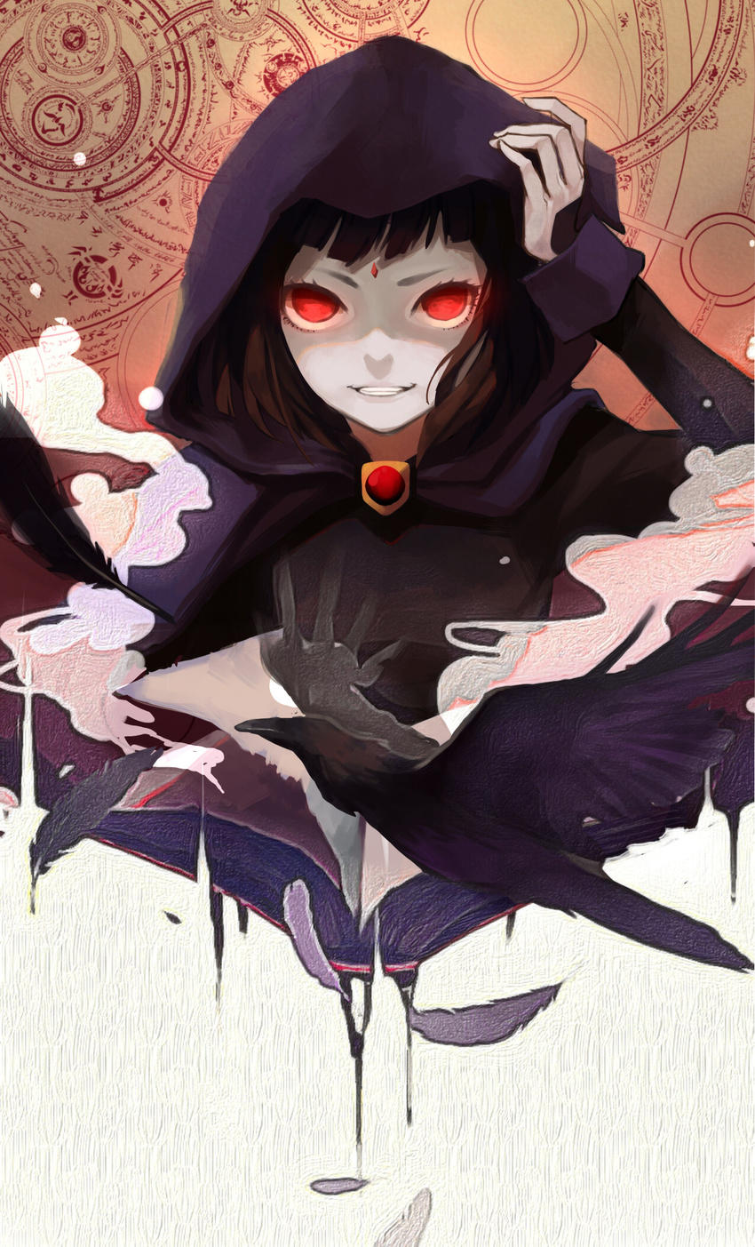 1girl bangs bird book clasp cloak crow dc_comics feathers forehead_jewel glowing glowing_eyes hood long_sleeves magic raven_(dc) red_eyes teen_titans