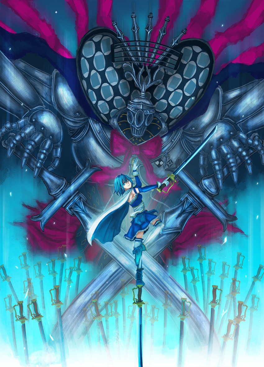 ankle_boots armband armor blue_eyes blue_footwear blue_hair boots cape crossed_swords dual_wielding elbow_gloves field_of_blades gloves highres holding holding_sword holding_weapon lawzanid looking_back magical_girl mahou_shoujo_madoka_magica miki_sayaka oktavia_von_seckendorff planted_sword planted_weapon short_hair skirt skirt_set smile solo spoilers standing standing_on_one_leg sword thighhighs weapon white_legwear witch_(madoka_magica) zettai_ryouiki