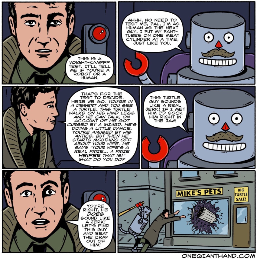 baseball_bat blade_runner border comic dialogue english_text facial_hair glass human humor long_coat machine mammal mustache necktie not_furry onegianthand pet_store rick_deckard robot speech_bubble store_front text trash_can url voight-kampff_test white_border