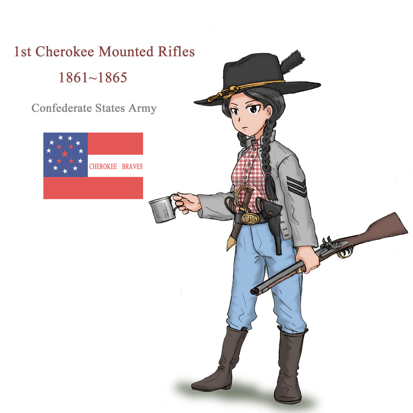 american_civil_war belt belt_buckle boots braid buckle cup ernest feathers flag gingham gun hair_over_shoulder handgun hat highres holding holding_cup holding_gun holding_weapon holster jacket knife military native_american original revolver shotgun solo twin_braids unmoving_pattern weapon