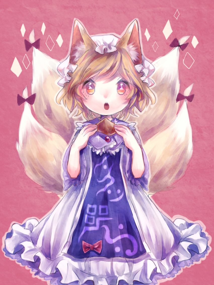 aburaage animal_ears blonde_hair food fox_ears fox_tail hat highres multiple_tails open_mouth sanso short_hair solo tail touhou yakumo_ran yellow_eyes younger