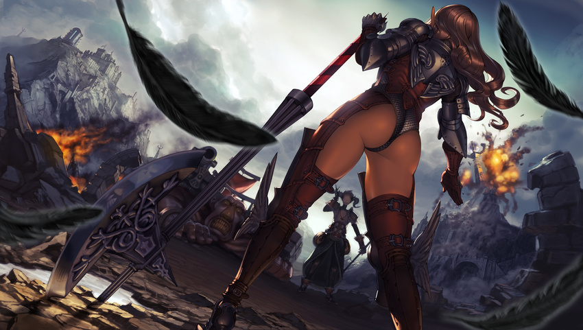 absurdres armor ass axe back battlefield boots brown_hair castle chainmail cloud elf explosion fantasy_earth_zero feathers fire greaves grin highres horns kanda_(ura-kanda) legs long_hair original planted_weapon pointy_ears revision ruins shoulder_armor sky smile smoke spaulders weapon windowboxed