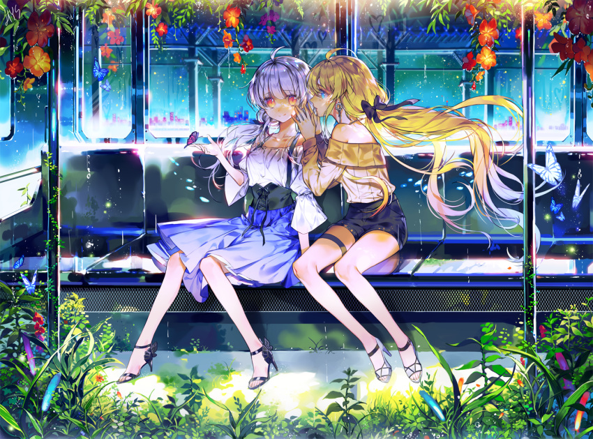2girls ahoge arm_up bench black_bow black_footwear black_shorts blonde_hair blue_dress blue_eyes bow bug butterfly butterfly_on_hand closed_mouth commentary commission dress earrings english_commentary flower hair_bow hayanse high_heels insect jewelry long_hair long_sleeves looking_at_viewer multiple_girls off-shoulder_shirt off_shoulder on_bench orange_flower original pink_eyes plant pleated_skirt profile shiny shiny_hair shirt shorts silver_hair sitting skirt smile suspenders train_interior underbust very_long_hair white_shirt window