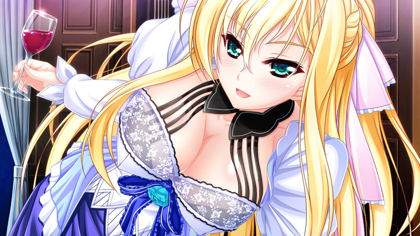 1girl alcohol amasaka_takashi blonde_hair breasts cleavage cup door dress game_cg green_eyes hair_ribbon highres huge_breasts leaning_forward long_hair looking_at_viewer open_mouth ribbon smile solo unionism_quartet wine