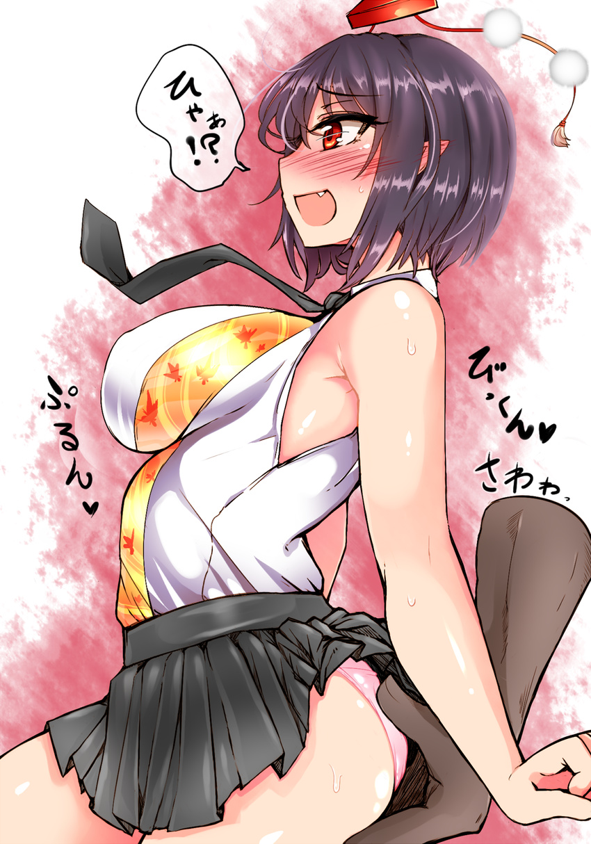 black_hair black_skirt blush breasts fang hand_on_another's_ass hat highres impossible_clothes large_breasts open_mouth panties pink_panties pointy_ears profile red_eyes roki_(hirokix) shameimaru_aya short_hair skirt solo_focus tokin_hat touhou tsurime underwear