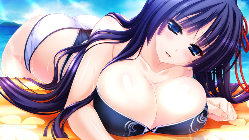 1girl amasaka_takashi ass bikini blue_eyes blush breast_rest breasts cleavage game_cg highres huge_breasts long_hair looking_at_viewer lying ocean on_stomach purple_hair sky smile solo sweat swimsuit unionism_quartet water