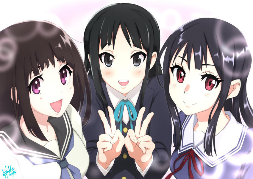 :d akiyama_mio black_eyes black_hair chitanda_eru company_connection crossover double_v highres hime_cut hori_shin hyouka k-on! kyoto_animation kyoukai_no_kanata long_hair multiple_girls nase_mitsuki open_mouth purple_eyes red_eyes round_teeth sakuragaoka_high_school_uniform school_uniform serafuku smile teeth trait_connection v