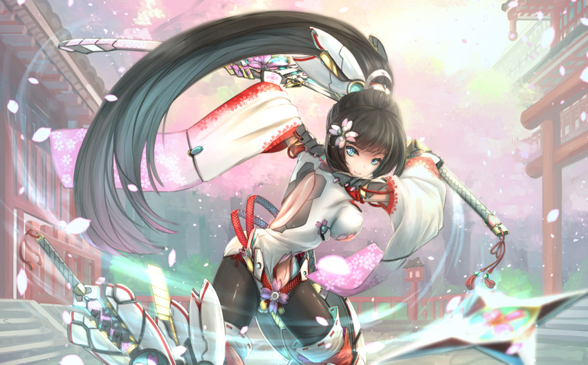 architecture armor back_cutout bangs black_hair black_legwear blue_eyes boots breasts cherry_blossoms detached_sleeves east_asian_architecture eaves fence floral_print flower hair_flower hair_ornament highres holding holding_sheath holding_sword holding_weapon japanese_armor katana kikivi long_hair looking_at_viewer medium_breasts navel navel_cutout original outstretched_arms pantyhose ponytail sheath shoulder_armor smile sode solo stairs sword symbol-shaped_pupils tassel thigh_boots thighhighs torii tree twisted_torso unsheathing very_long_hair weapon wide_sleeves