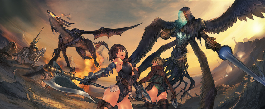 armor ass battlefield boots breasts dagger dragon fantasy_earth_zero highres horse horseback_riding kanda_(ura-kanda) knife knight large_breasts leather leotard letterboxed monster multiple_girls polearm revision riding wallpaper weapon wings