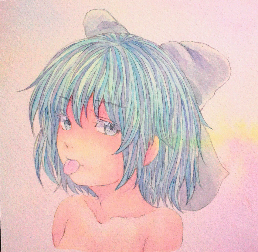 :p bare_shoulders blue_eyes blue_hair bow cirno collarbone hair_bow highres looking_at_viewer pink_background portrait short_hair solo tongue tongue_out touhou traditional_media watercolor_(medium) yuyu_(00365676)