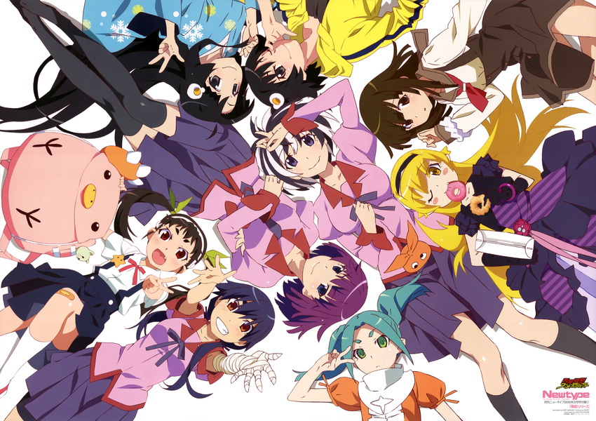 :d ;) absurdres araragi_karen araragi_tsukihi backpack backpack_removed bag bakemonogatari bandages bandaid bandaid_on_knee black_eyes black_hair blonde_hair blue_eyes blue_hair breasts brown_eyes brown_hair crossed_arms doughnut dress food green_eyes hachikuji_mayoi hair_ornament hair_ribbon hairband hanekawa_tsubasa hat hat_removed headwear_removed highres japanese_clothes kanbaru_suruga kimono kneehighs koimonogatari long_hair looking_at_viewer lying medium_breasts monogatari_(series) multicolored_hair multiple_girls newtype official_art one_eye_closed ononoki_yotsugi open_mouth orange_eyes oshino_shinobu outstretched_arms purple_hair red_eyes ribbon scan school_uniform sengoku_nadeko senjougahara_hitagi short_hair smile thighhighs tsukimonogatari twintails v w white_hair wristband yellow_eyes