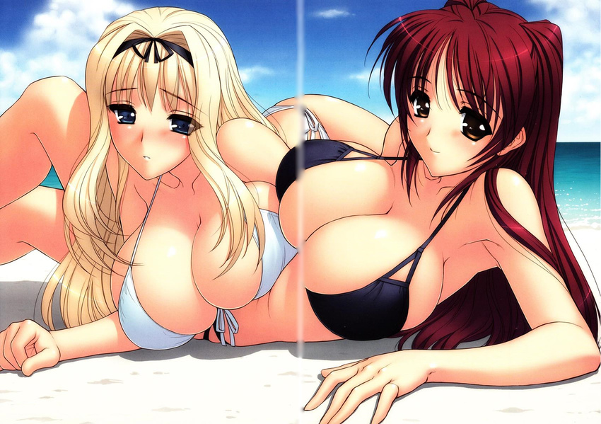 beach bikini black_bikini blonde_hair blue_eyes blush breasts cloud day highres huge_breasts kousaka_tamaki kusugawa_sasara looking_at_viewer lying magaki_ryouta multiple_girls ocean red_hair side-tie_bikini skindentation sky swimsuit to_heart_2 water white_bikini white_swimsuit yellow_eyes