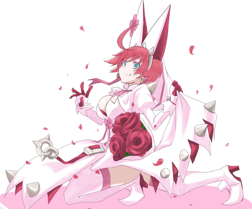 :p ahoge blue_eyes boots bouquet bra breasts cleavage clover cravat dress dress_lift earrings elphelt_valentine flower four-leaf_clover gloves guilty_gear guilty_gear_xrd hairband high_heel_boots high_heels huge_ahoge jewelry large_breasts long_sleeves mr.milk_caramel petals pink_flower pink_hair pink_rose puffy_long_sleeves puffy_sleeves red_bra rose short_hair smile solo spikes thigh_boots thighhighs tongue tongue_out underwear white_dress white_footwear white_legwear