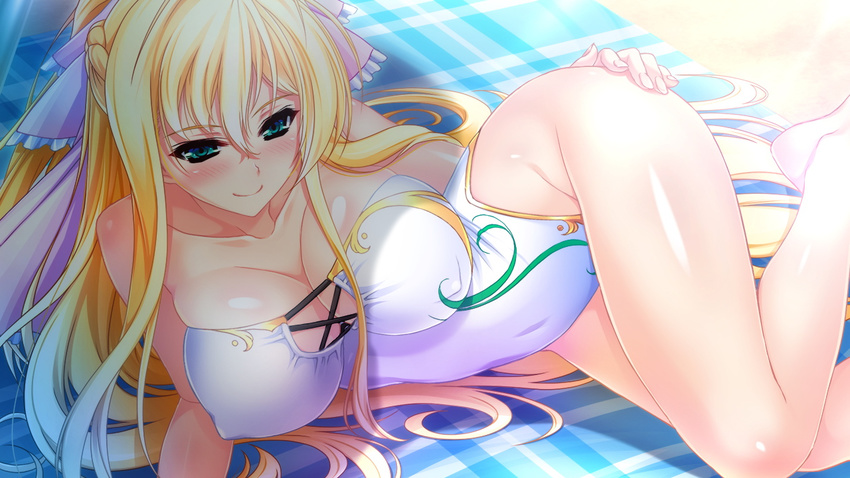 1girl amasaka_takashi bare_shoulders barefoot beach blonde_hair breasts cleavage erect_nipples game_cg green_eyes hair_ribbon highres huge_breasts legs long_hair looking_at_viewer lying ribbon sand smile solo swimsuit thighs unionism_quartet