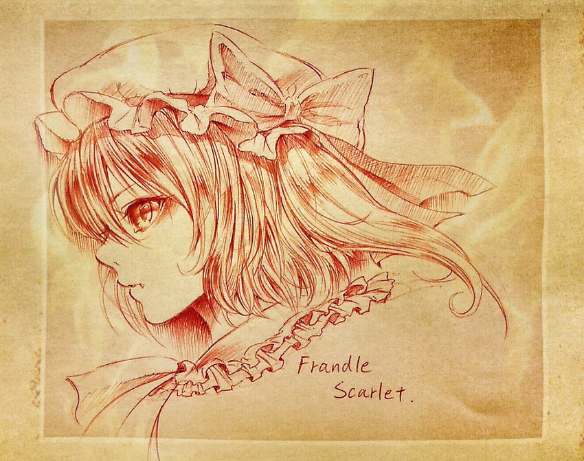 ascot bad_id bad_pixiv_id bow character_name flandre_scarlet hat hat_bow monochrome nora_wanko profile side_ponytail solo touhou