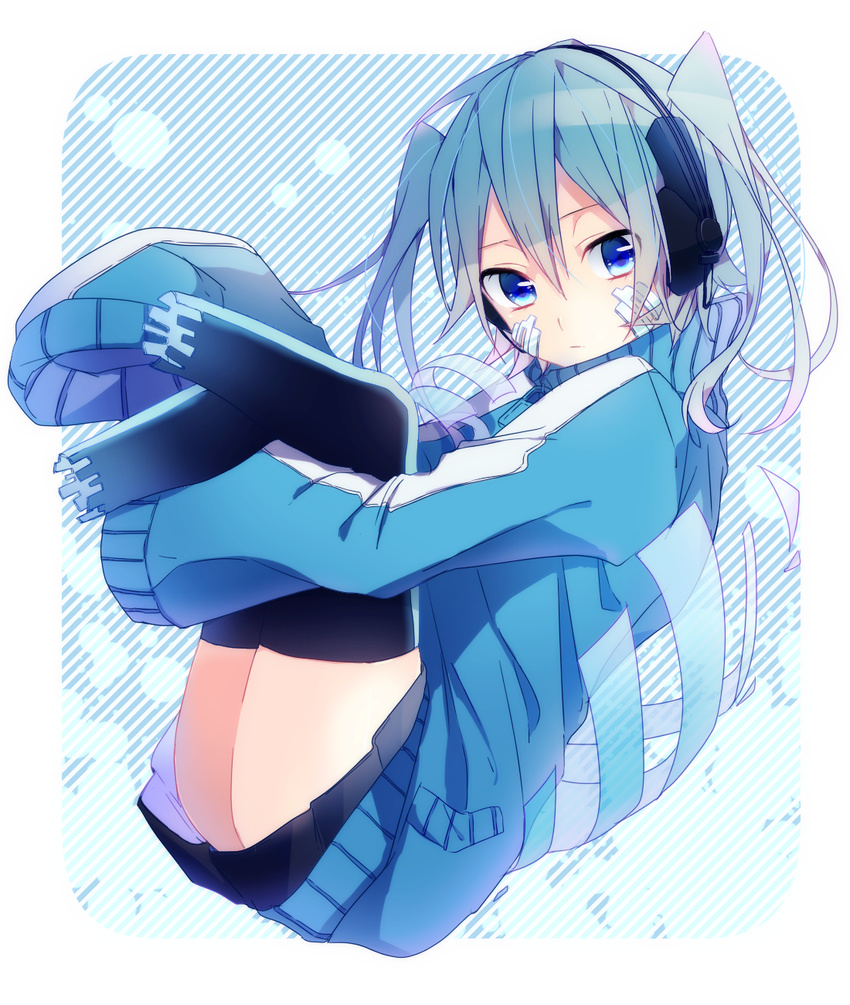 bad_id bad_pixiv_id bangs black_legwear black_skirt blue blue_eyes blue_hair blue_jacket border ene_(kagerou_project) facial_mark from_side full_body headphones highres jacket kagerou_project leg_hug long_hair long_sleeves looking_at_viewer miniskirt missing_limb nako_(inamenaihane) outside_border pleated_skirt rounded_corners skirt sleeves_past_fingers sleeves_past_wrists solo striped striped_background thighhighs track_jacket turtleneck twintails white_border zipper