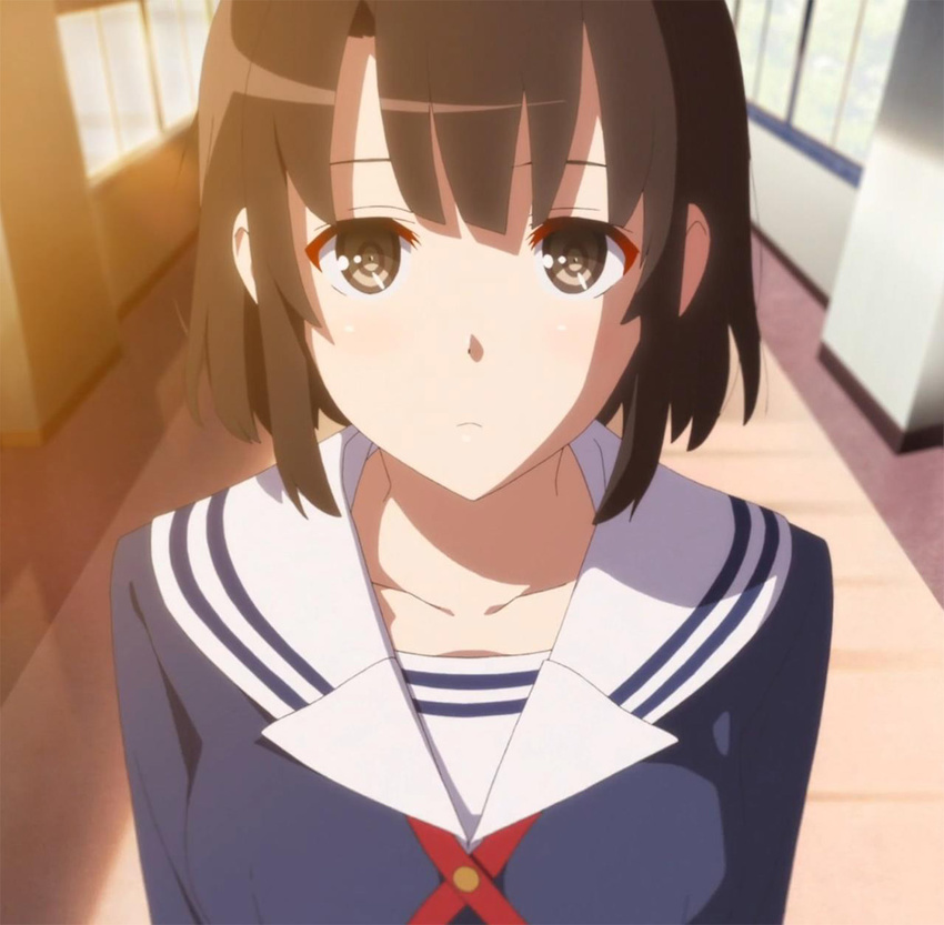 bangs bob_cut brown_eyes brown_hair expressionless hallway highres katou_megumi saenai_heroine_no_sodatekata school_uniform screencap short_hair solo sunset window