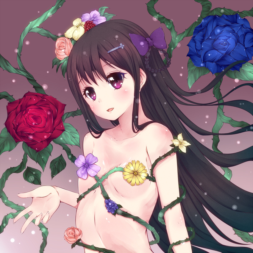 amatsuki_hotaru black_hair bow braid breasts flower hair_bow hair_flower hair_ornament hairclip highres long_hair nude original plant purple_eyes rose small_breasts solo vines