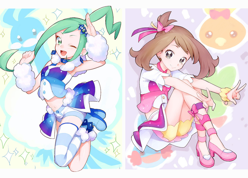 altaria arm_warmers asymmetrical_hair blue_eyes bow brown_hair choker double_v earrings full_body fur_collar gen_3_pokemon green_eyes hair_bow hair_ornament hair_ribbon hairclip haruka_(pokemon) high_heels idol jewelry kurochiroko long_hair looking_at_viewer lucia_(pokemon) midriff mudkip multiple_girls navel one_eye_closed open_mouth pokemon pokemon_(creature) pokemon_(game) pokemon_oras ponytail ribbon salute short_sleeves shorts showgirl_skirt sidelocks single_thighhigh sitting smile sparkle striped striped_legwear thighhighs torchic treecko v