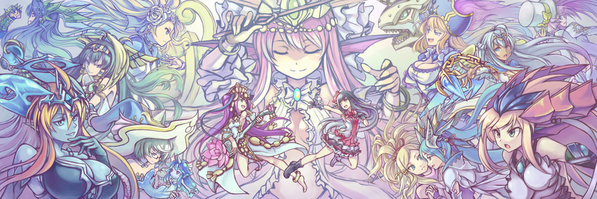 :o ahoge andromeda_(p&amp;d) awilda_(p&amp;d) baton blue_skin blue_sonia_(p&amp;d) braid brass_knuckles breasts cleavage closed_eyes demon_girl dragon_girl egyptian flower frills gauntlets grin hair_ornament hat head_fins hera-is_(p&amp;d) hera_(p&amp;d) holding holding_sword holding_weapon idunn_&amp;_idunna isis_(p&amp;d) karin_(p&amp;d) lakshmi_(p&amp;d) large_breasts long_hair lotus multiple_girls noah_(p&amp;d) open_mouth parted_lips pirate_hat purple_hair puzzle_&amp;_dragons rose ruka_(p&amp;d) sharon_(p&amp;d) short_hair shouma_(bravespiritya) siren_(p&amp;d) smile spiked_knuckles sword teeth tiara top_hat undine_(p&amp;d) v-shaped_eyebrows weapon