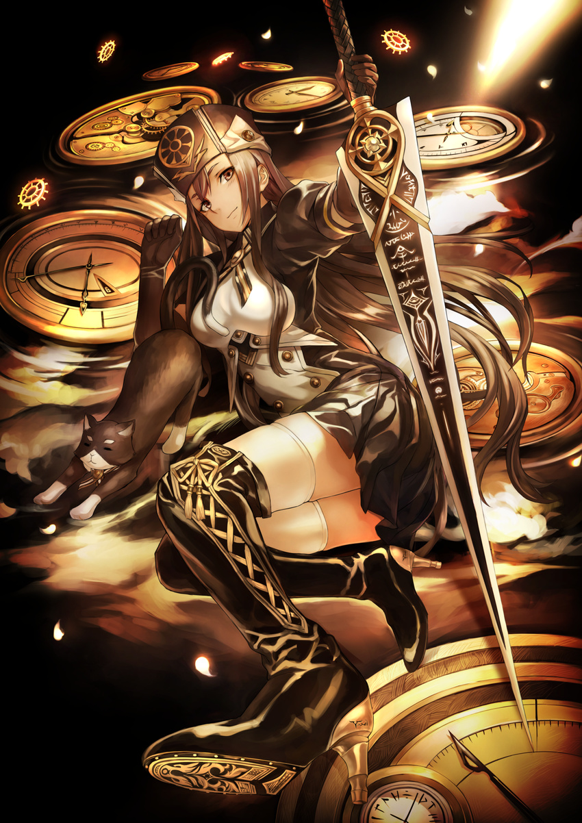 absurdres armor black_gloves brown_eyes brown_hair cat clock gears gloves hat high_heels highres long_hair looking_at_viewer lying on_side original petals ricci skirt smile solo sword thighhighs very_long_hair weapon zettai_ryouiki