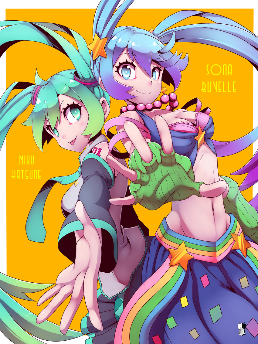 :p absurdres ahoge arcade_sona azure_(capriccio) blue_eyes blue_hair breasts cleavage crossover green_hair hair_ornament hatsune_miku highres jewelry league_of_legends long_hair medium_breasts multiple_girls navel necklace necktie skirt smile sona_buvelle star star_hair_ornament tattoo tongue tongue_out twintails vocaloid