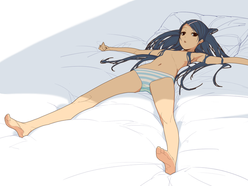 armpits barefoot bed_sheet blue_hair feet flat_chest hair_censor hair_ornament hair_over_breasts hairclip highres ino legs long_hair looking_at_viewer lying mochizuki_nonoka navel on_back otome_function outstretched_arms panties pillow sketch soles solo spread_arms spread_legs striped striped_panties topless underwear underwear_only