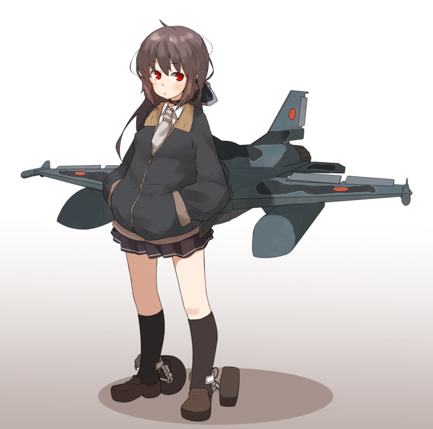 aircraft airplane amonitto brown_hair f-2 hands_in_pockets highres jacket long_sleeves looking_at_viewer machinery mecha_musume necktie original personification red_eyes shirt skirt solo