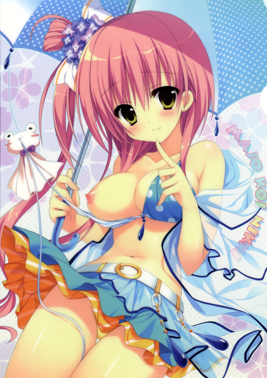 absurdres asakura_hayate belt bikini bikini_top blue_bikini blush bow breast_slip breasts hair_bow highres index_finger_raised looking_at_viewer majo_koi_nikki medium_breasts miyoshi_haruna nipples one_breast_out panties pink_hair polka_dot polka_dot_bikini polka_dot_swimsuit side_ponytail sitting swimsuit teruterubouzu underwear yellow_eyes yellow_panties