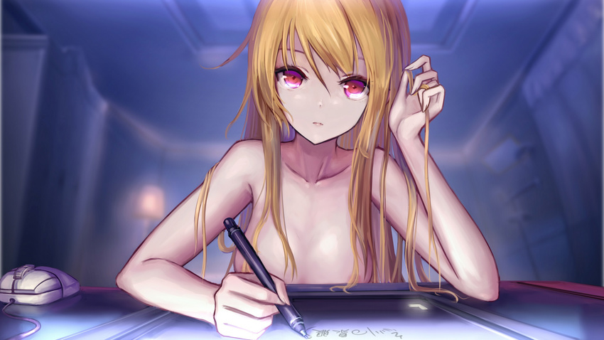 areola_slip areolae blonde_hair breasts collarbone hair_censor hair_over_breasts highres long_hair medium_breasts nude red_eyes sakura-sou_no_pet_na_kanojo shiina_mashiro sitting solo wangchuan_de_quanyan