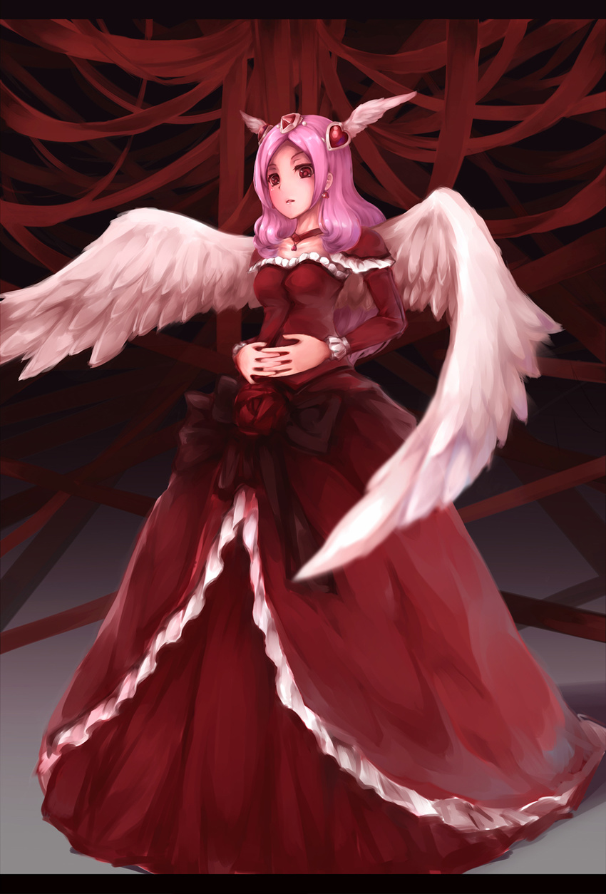 adapted_costume alternate_costume angel_wings choker cure_passion dress flower fresh_precure! frilled_dress frilled_sleeves frills hair_ornament head_wings heart heart_hair_ornament higashi_setsuna highres labombardier! long_hair long_sleeves magical_girl pink_hair precure red_choker red_dress red_eyes red_flower red_rose ribbon rose solo tiara wings