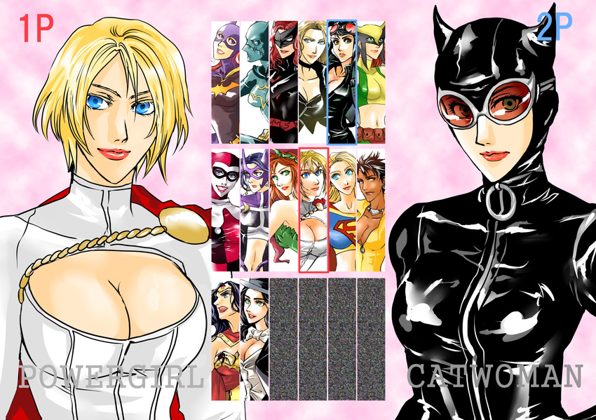 6+girls barbara_gordon batgirl batwoman belt black_canary black_hair blonde_hair blue_eyes bow bowtie breasts brown_eyes cape cassandra_cain catwoman character_select choker cleavage cleavage_cutout dark_skin dc_comics domino_mask earrings fake_screenshot fighting_game goggles green_eyes harley_quinn hawkgirl highres huntress jewelry kryptonian long_hair mari_jiwe_mccabe mask midriff multiple_girls necklace petri poison_ivy power_girl red_hair short_hair supergirl tiara vixen_(dc) wonder_woman zatanna_zatara