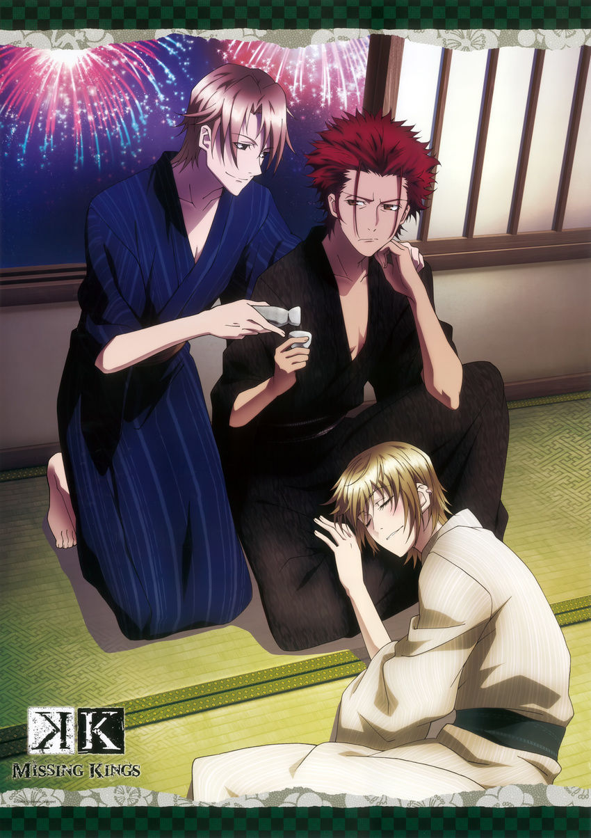 absurdres alcohol angry black_eyes blonde_hair bottle brown_hair choko_(cup) cup earrings highres japanese_clothes jewelry k_(anime) kimono kusanagi_izumo lap_pillow male_focus multiple_boys night red_eyes red_hair sake scan short_hair sky suou_mikoto_(k) tokkuri totsuka_tatara