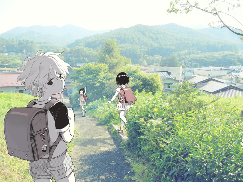 backpack bag bangs blunt_bangs bob_cut child dress from_behind hana-kagume kakura_kurumi kosegawa_shiromi landscape looking_back mary_janes mountain multiple_girls nature photo_background raglan_sleeves randoseru saki scenery shoes short_hair short_shorts short_sleeves shorts skirt tree usuzawa_sae younger