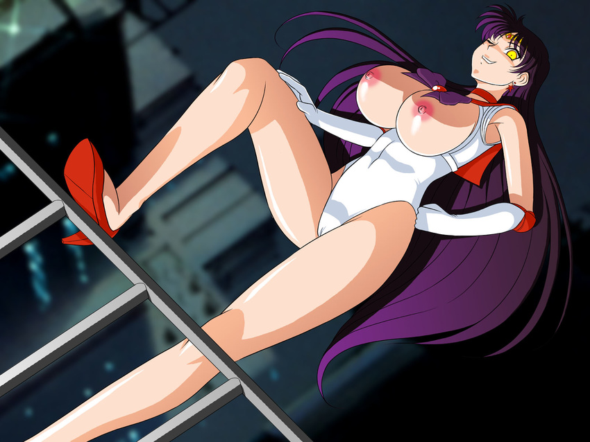 1girl areolae bishoujo_senshi_sailor_moon breasts breasts_outside choker earrings elbow_gloves glamour_works gloves hand_on_hip high_heels highres hino_rei huge_breasts jewelry legs leotard long_hair looking_at_viewer nipples purple_hair sailor_mars smile solo standing thighs wink yellow_eyes