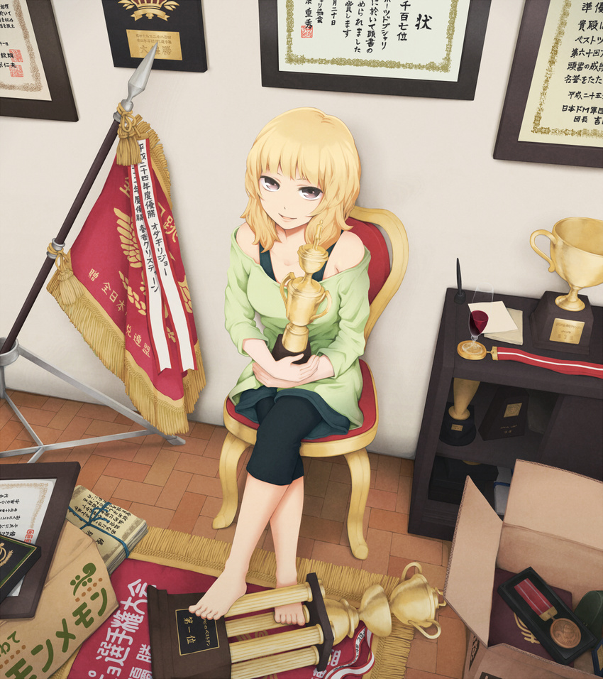 bare_shoulders barefoot blonde_hair brown_eyes capri_pants chair collarbone commentary crossed_legs feet flag from_above highres indoors medal original pants short_hair sitting smile solo sweater text_focus trophy yajirushi_(chanoma)